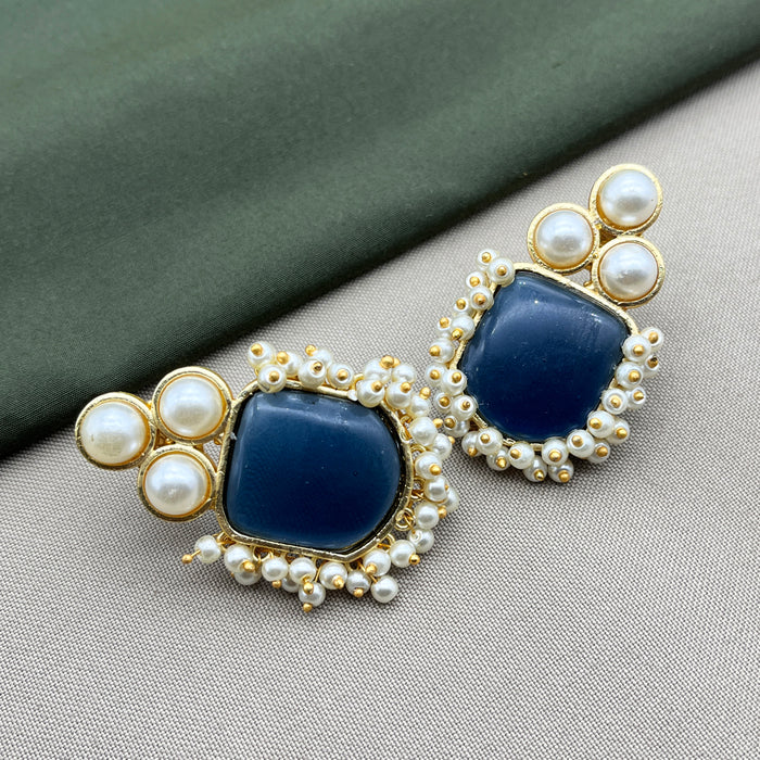 Gold-Plated Sapphire and Pearl Stud Earrings by Diwam Jewels