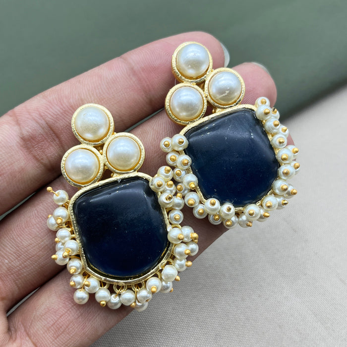 Gold-Plated Sapphire and Pearl Stud Earrings by Diwam Jewels