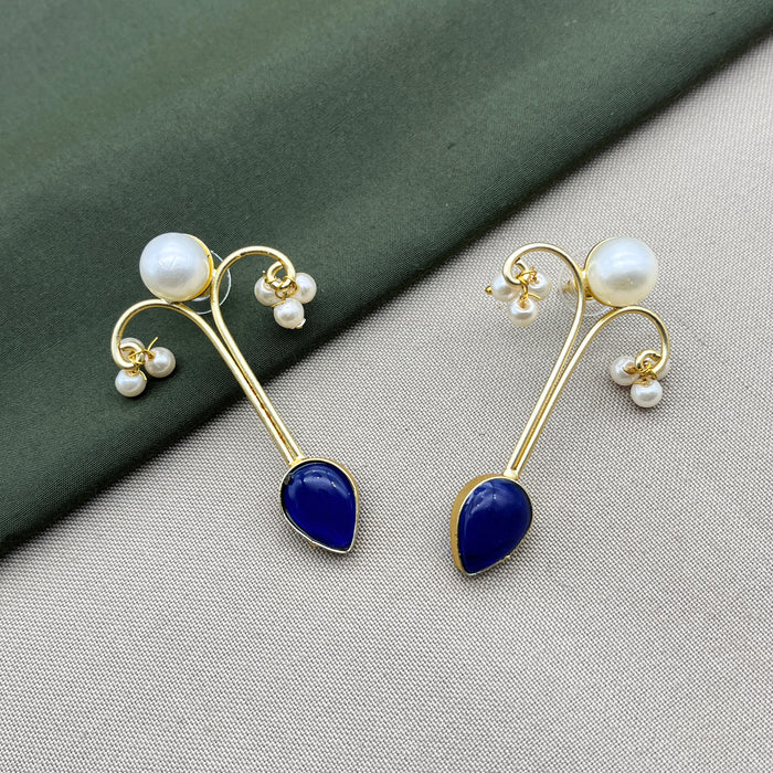 Gold-Plated Sapphire and Pearl Drop Earrings by Diwam Jewels