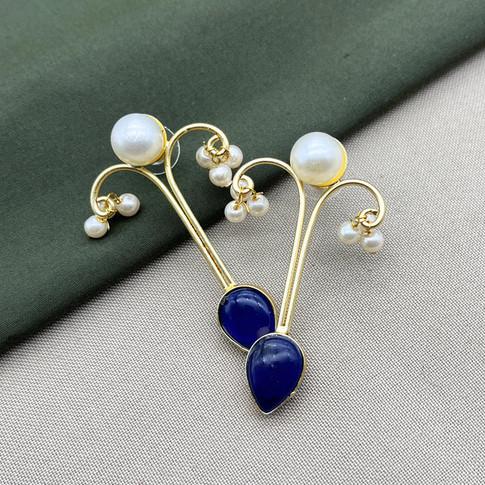 Gold-Plated Sapphire and Pearl Drop Earrings by Diwam Jewels