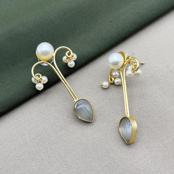 Gold-Plated Moonstone and Pearl Drop Earrings by Diwam Jewels