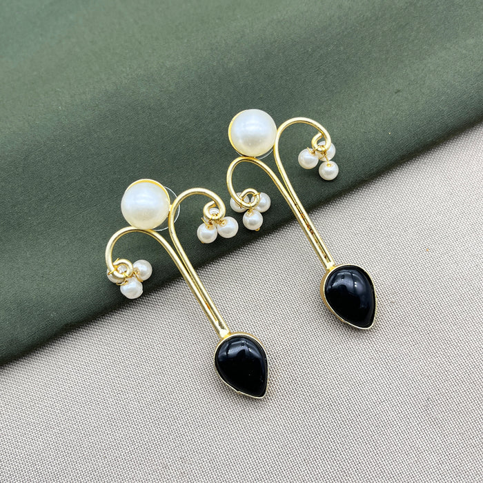 Gold-Plated Obsidian and Pearl Drop Earrings by Diwam Jewels