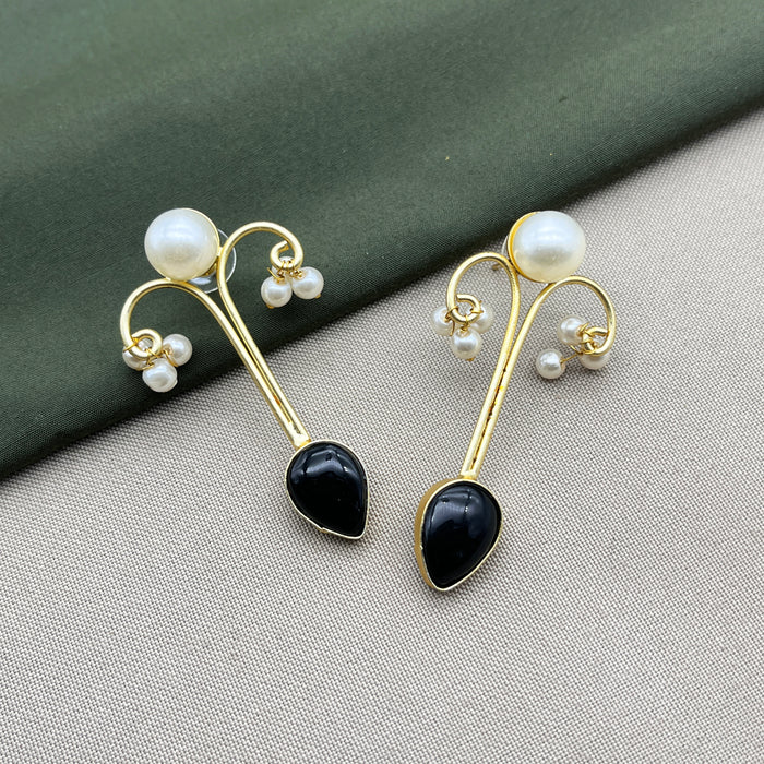 Gold-Plated Obsidian and Pearl Drop Earrings by Diwam Jewels