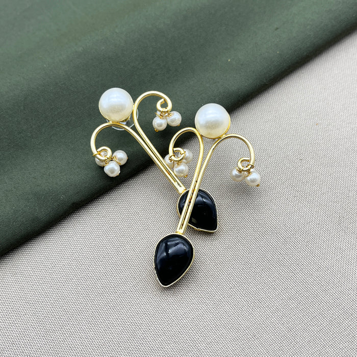 Gold-Plated Obsidian and Pearl Drop Earrings by Diwam Jewels