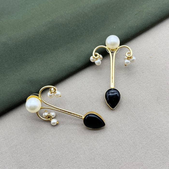 Gold-Plated Obsidian and Pearl Drop Earrings by Diwam Jewels