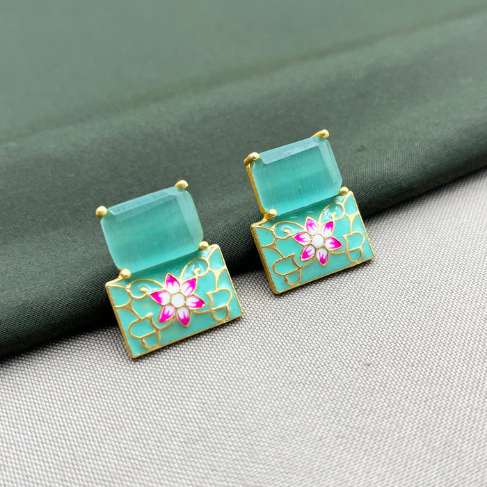 Gold-Plated Aqua Chalcedony Earrings with Meenakari Work