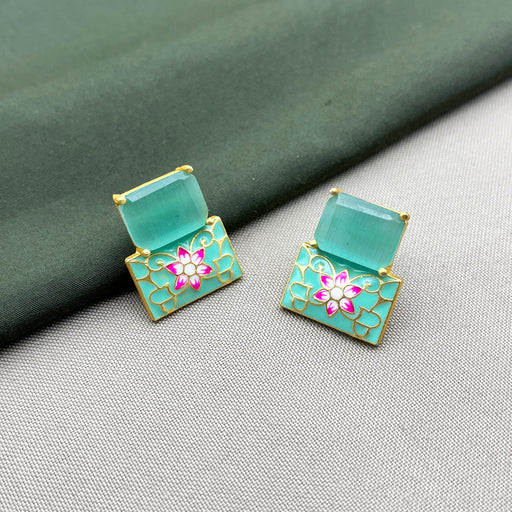 Gold-Plated Aqua Chalcedony Earrings with Meenakari Work