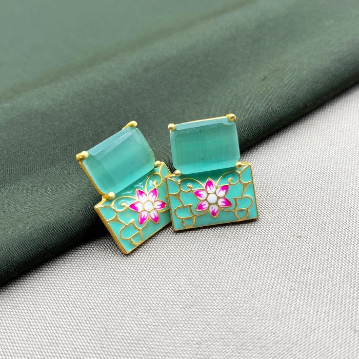 Gold-Plated Aqua Chalcedony Earrings with Meenakari Work