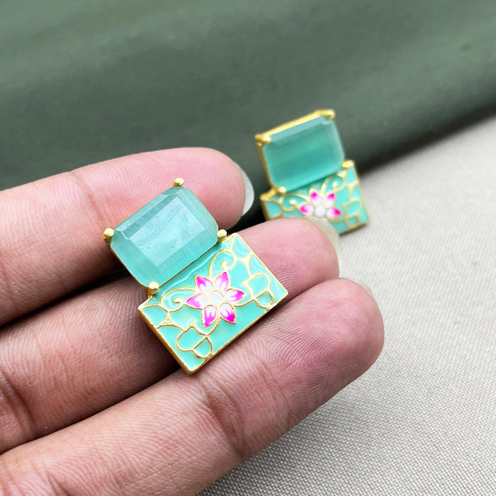 Gold-Plated Aqua Chalcedony Earrings with Meenakari Work