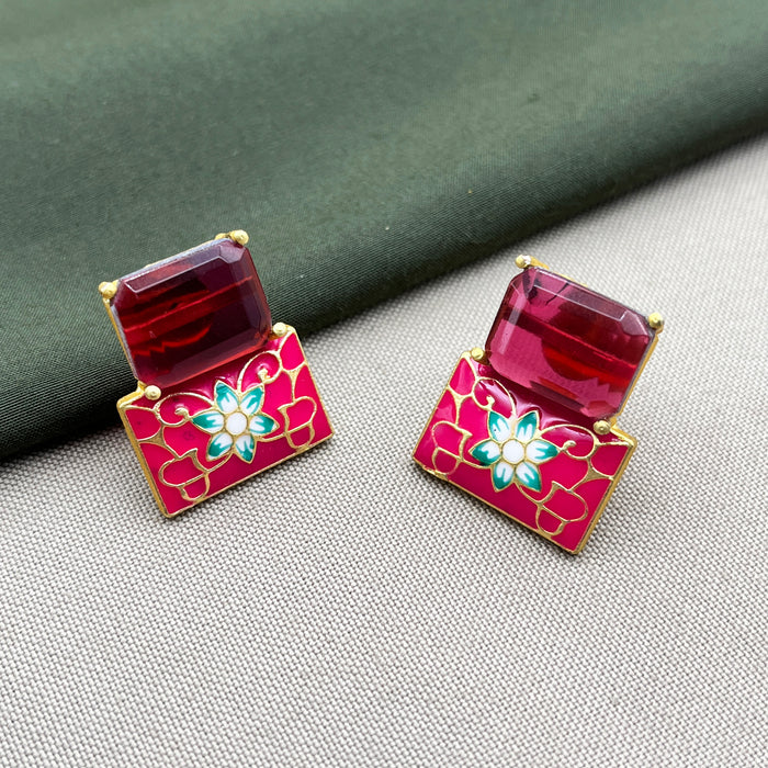 Buy Gold-Plated Floral Enamel Stud Brass Earrings with Garnet & Meenakari Work