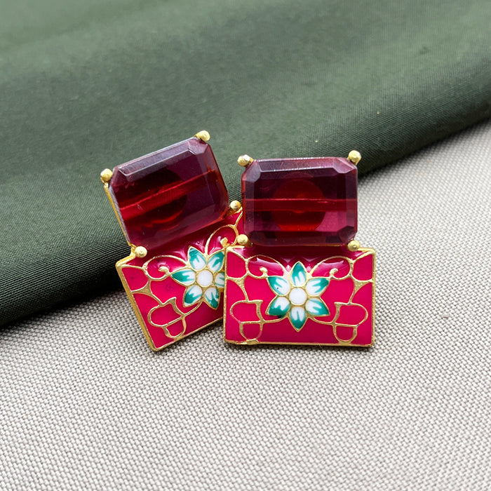 Buy Gold-Plated Floral Enamel Stud Brass Earrings with Garnet & Meenakari Work