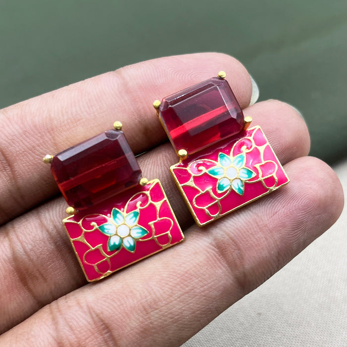 Buy Gold-Plated Floral Enamel Stud Brass Earrings with Garnet & Meenakari Work