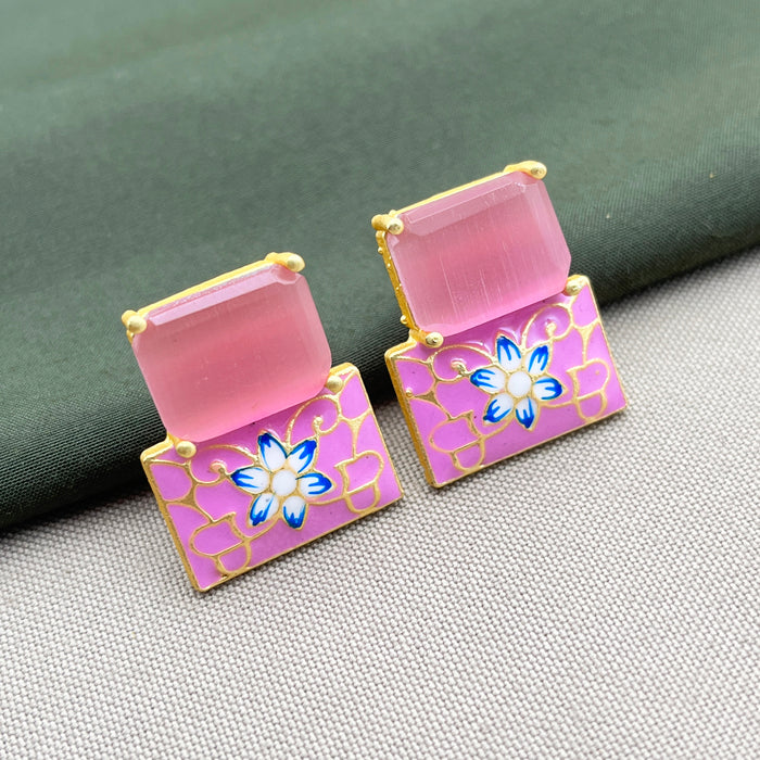 Elegant Gold-Plated Pink Enamel Floral Earrings with Meenakari Work