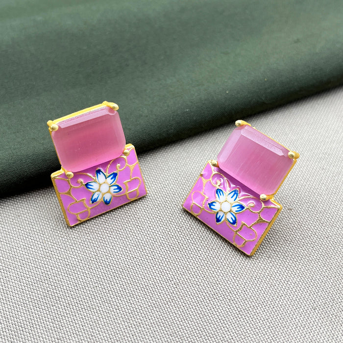 Elegant Gold-Plated Pink Enamel Floral Earrings with Meenakari Work