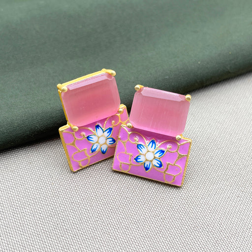 Elegant Gold-Plated Pink Enamel Floral Earrings with Meenakari Work