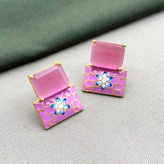 Elegant Gold-Plated Pink Enamel Floral Earrings with Meenakari Work