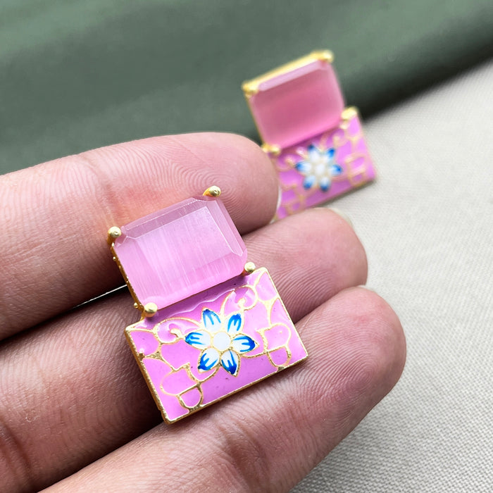 Elegant Gold-Plated Pink Enamel Floral Earrings with Meenakari Work