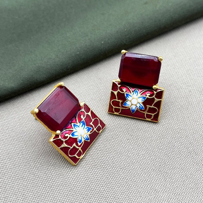 Meenakari Work Gold-Plated Earring Set studded with Garnet Brass