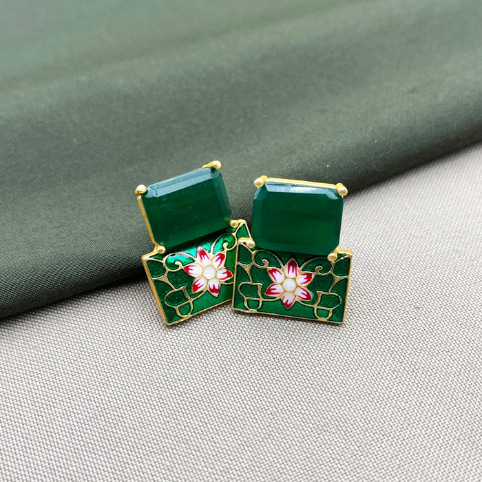 Gold-Plated Floral Green Stud Earrings with Emerald & Meenakari Work