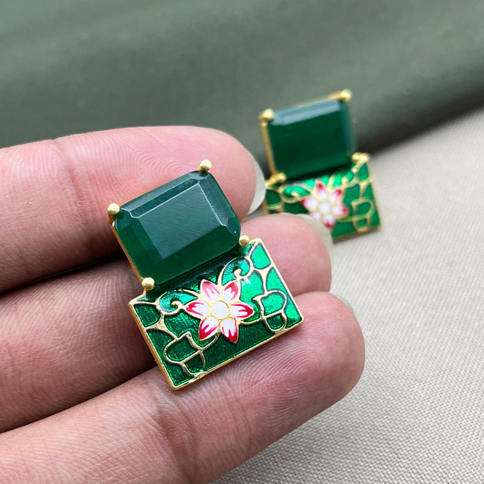 Gold-Plated Floral Green Stud Earrings with Emerald & Meenakari Work