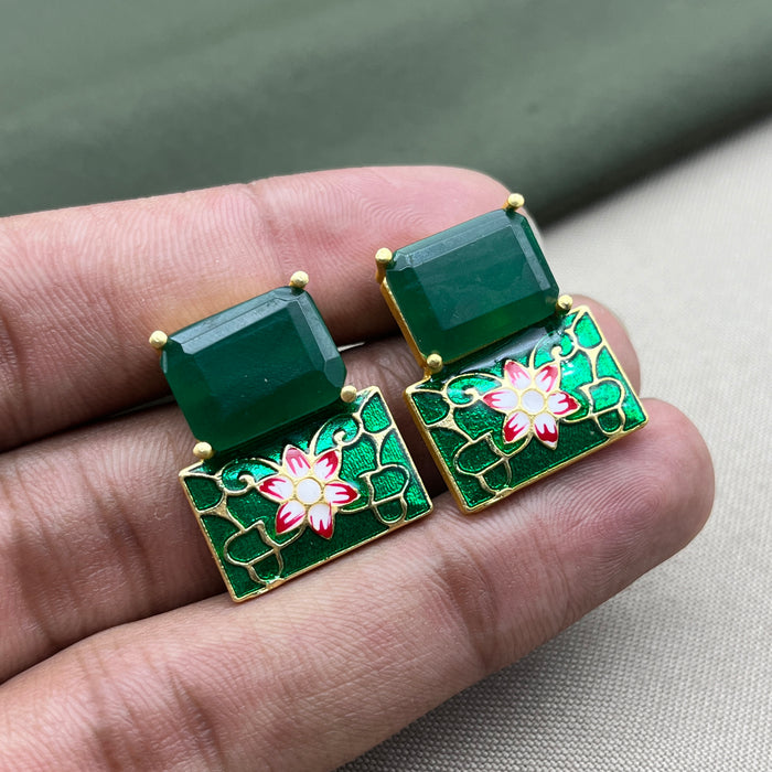 Gold-Plated Floral Green Stud Earrings with Emerald & Meenakari Work