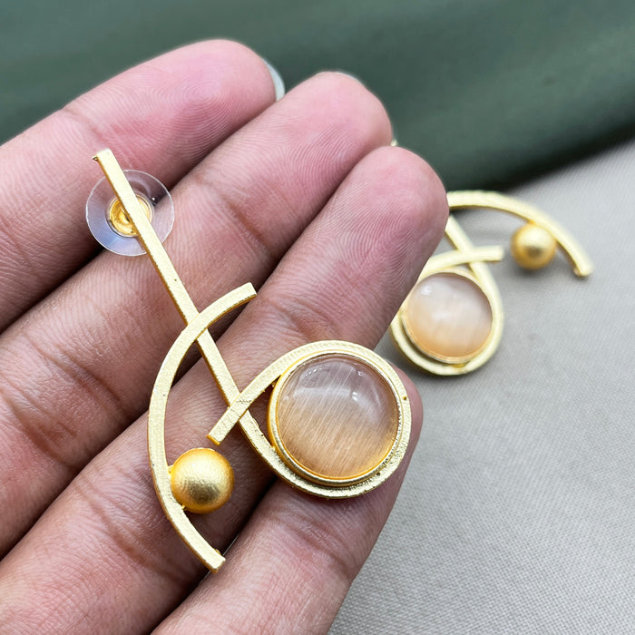 Gold-Plated Brass Orange Moonstone and Pearl Drop Earrings