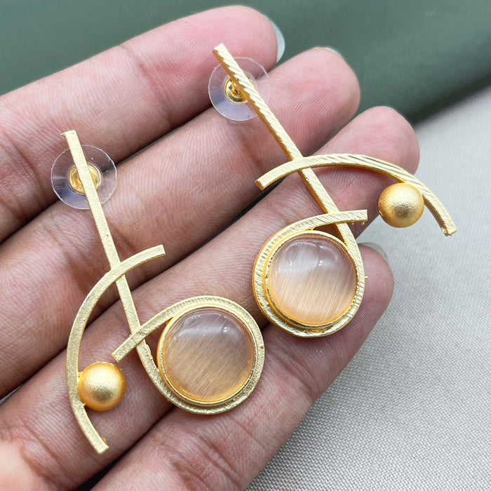 Gold-Plated Brass Orange Moonstone and Pearl Drop Earrings