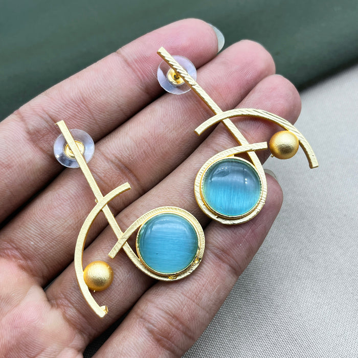 Artistic Gold Plated Brass Drops & Danglers Earring with Aquamarine