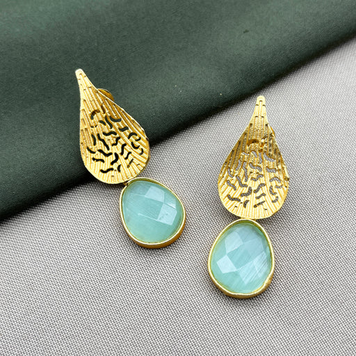 Beautiful Gold-Plated Leaf Drop Earrings with Aqua Chalcedony Earrings