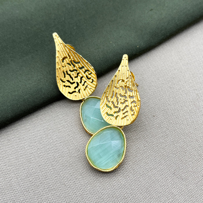 Beautiful Gold-Plated Leaf Drop Earrings with Aqua Chalcedony Earrings