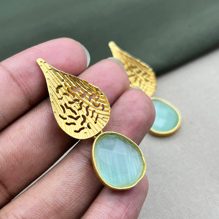 Beautiful Gold-Plated Leaf Drop Earrings with Aqua Chalcedony Earrings