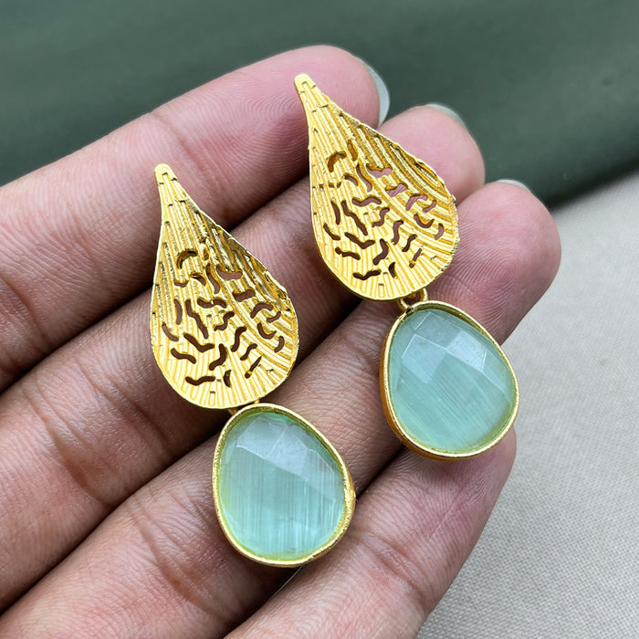 Beautiful Gold-Plated Leaf Drop Earrings with Aqua Chalcedony Earrings