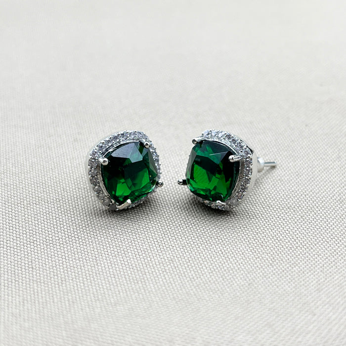 Elegant Silver Stud Earrings with Green Emerald and Sparkling CZ Stones