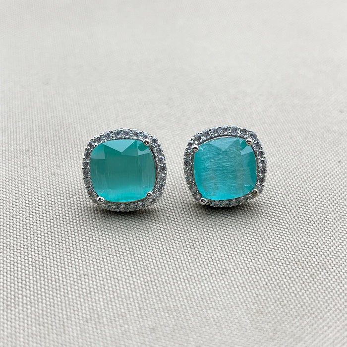 Beautiful Silver Stud Earrings with Aquamarine and CZ Stones