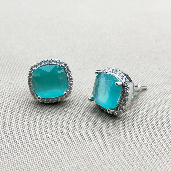 Beautiful Silver Stud Earrings with Aquamarine and CZ Stones