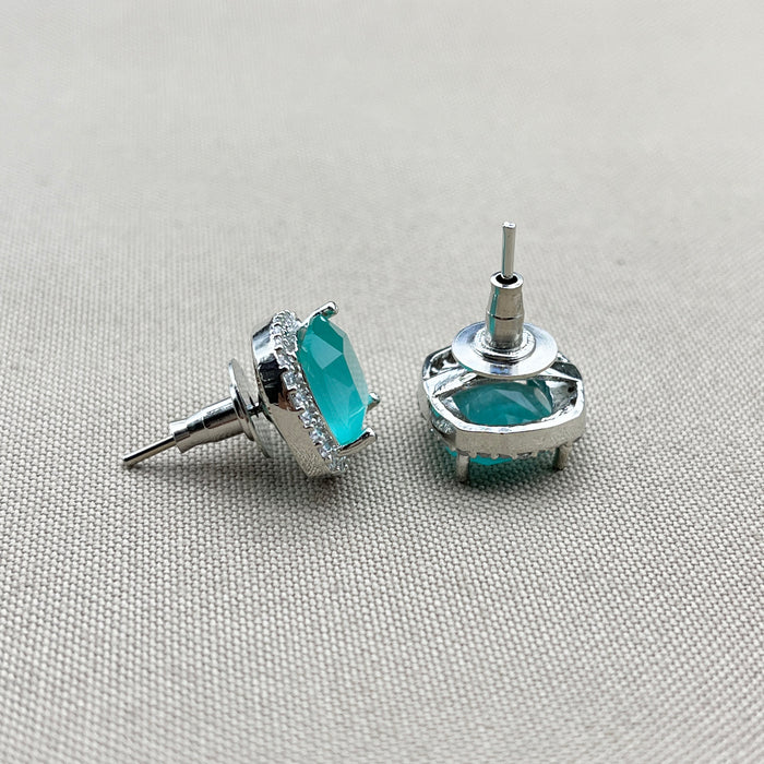 Beautiful Silver Stud Earrings with Aquamarine and CZ Stones