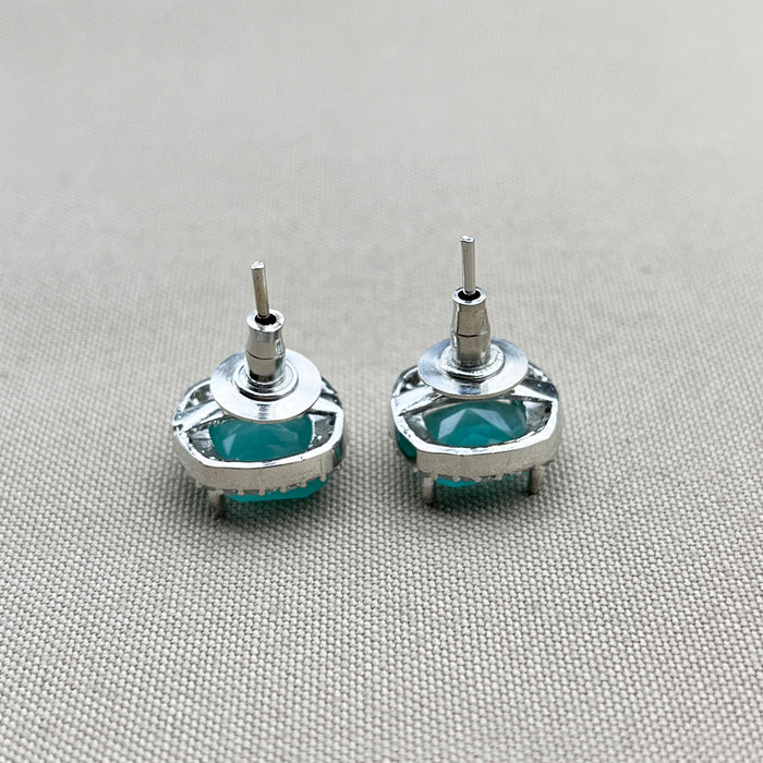 Beautiful Silver Stud Earrings with Aquamarine and CZ Stones