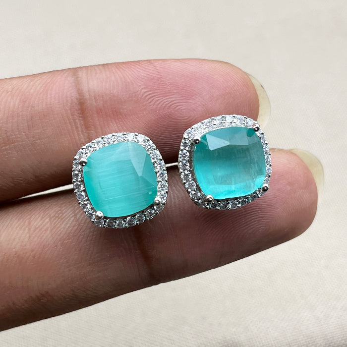 Beautiful Silver Stud Earrings with Aquamarine and CZ Stones