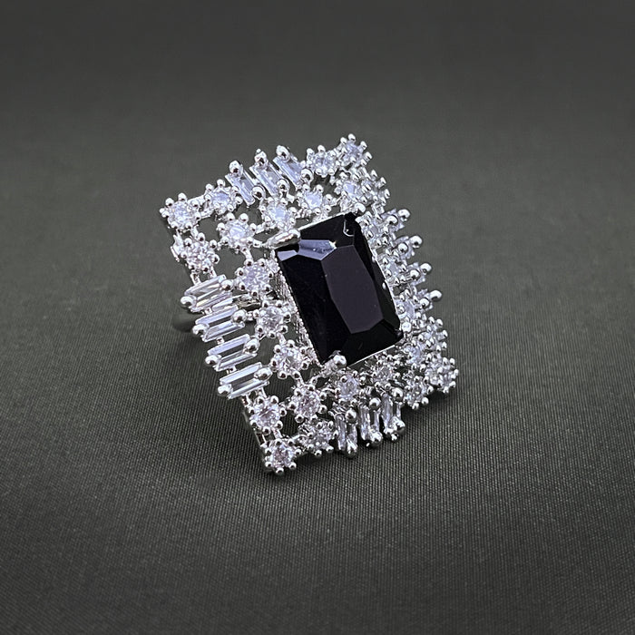 Silver-Plated Brass Black Onyx and CZ Adjustable Ring