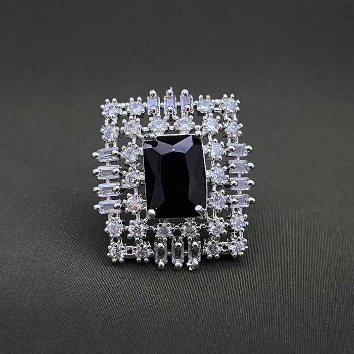 Silver-Plated Brass Black Onyx and CZ Adjustable Ring