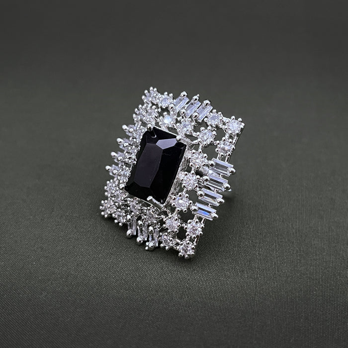 Silver-Plated Brass Black Onyx and CZ Adjustable Ring