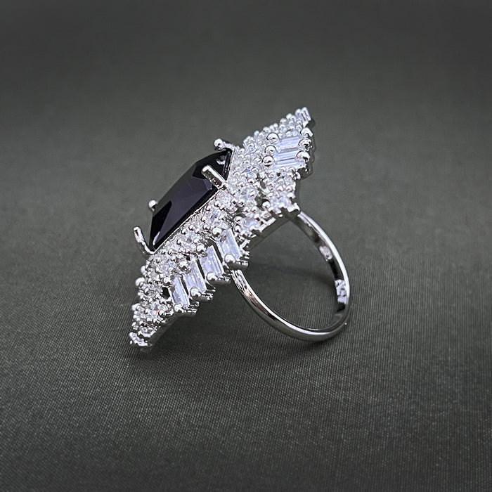 Silver-Plated Brass Black Onyx and CZ Adjustable Ring