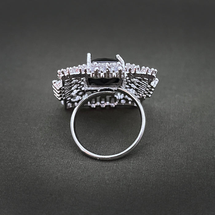 Silver-Plated Brass Black Onyx and CZ Adjustable Ring