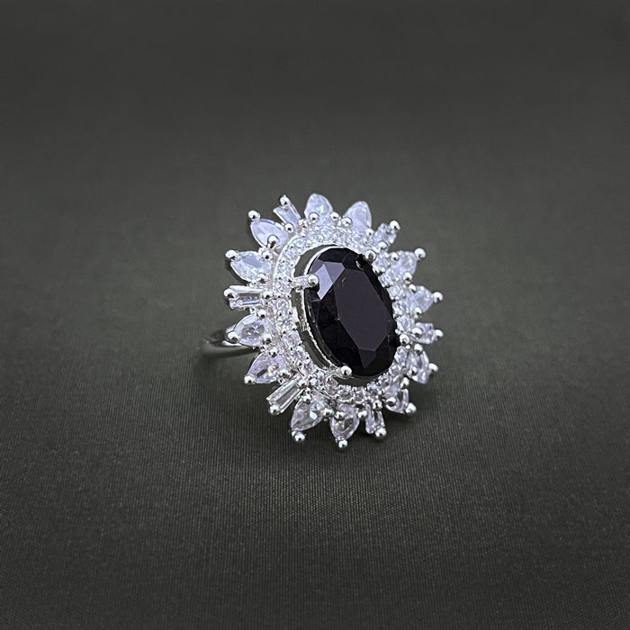 Silver-Plated Black Onyx and CZ Oval Shape Adjustable Ring