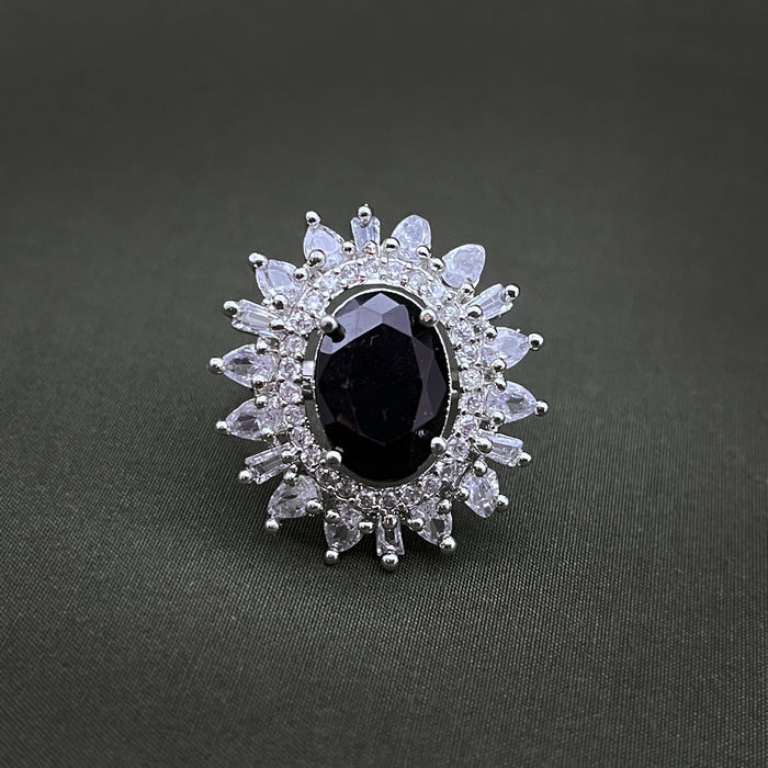 Silver-Plated Black Onyx and CZ Oval Shape Adjustable Ring