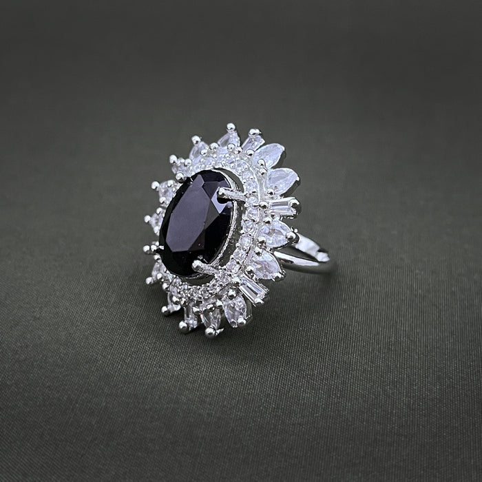 Silver-Plated Black Onyx and CZ Oval Shape Adjustable Ring