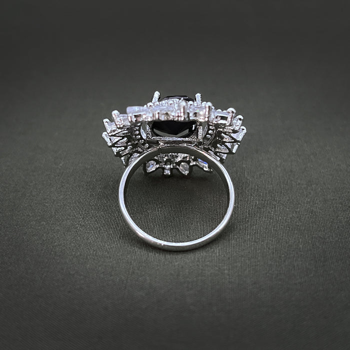 Silver-Plated Black Onyx and CZ Oval Shape Adjustable Ring