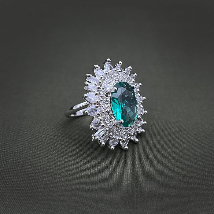 Silver-Plated Paraiba Tourmaline and CZ Oval Shape Adjustable Ring