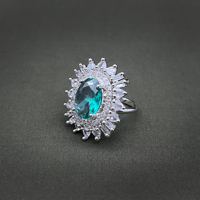 Silver-Plated Paraiba Tourmaline and CZ Oval Shape Adjustable Ring