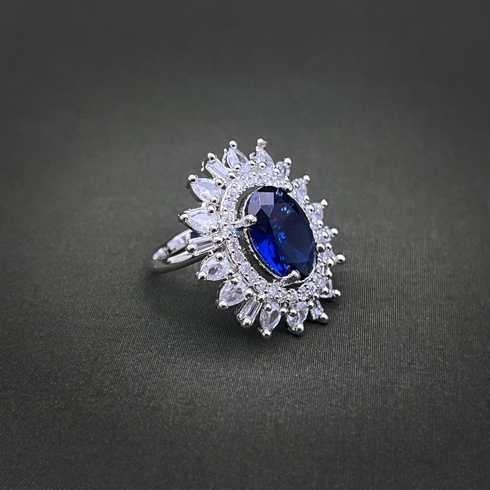 Silver-Plated Sapphire and CZ Oval Shape Adjustable Ring